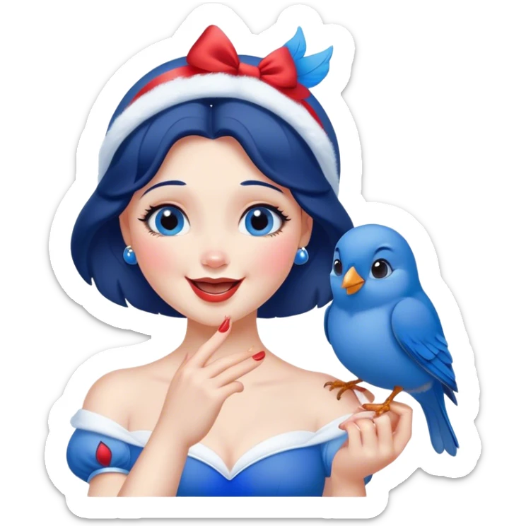 Cinematic Adorable Snow White Portrait Emoji, Giggling as a bluebird perches on her finger, cheeks rosy with joy, bright expressive eyes full of wonder, her innocence and beauty blending into a heartwarming moment! sticker