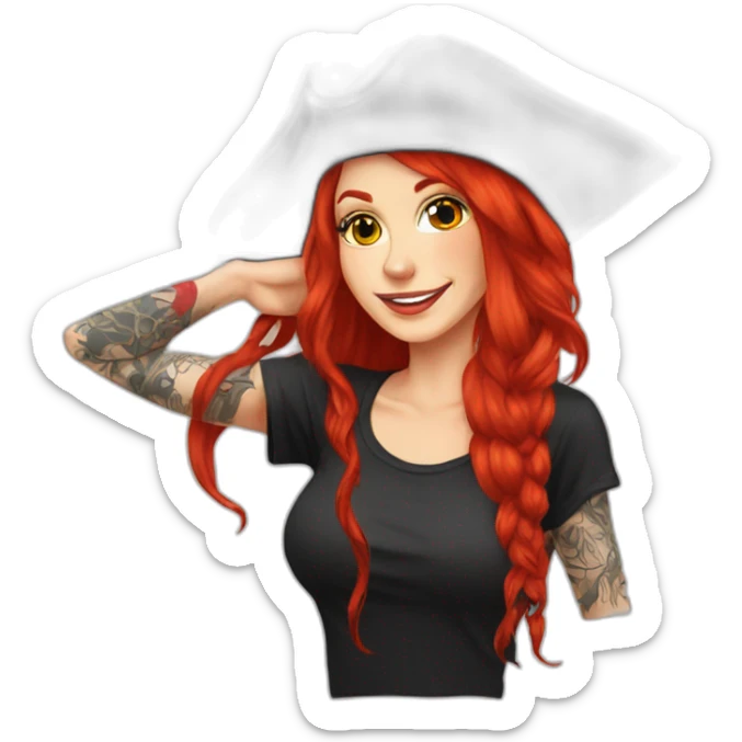 Woman long red hair hanging to one side in a platt, tattoo on side of head.  pirate hat. skull and crossbones t shirt sticker