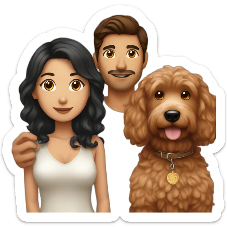 Mexican guy with brown hair and asian girl with long black hair holding red goldendoodle sticker