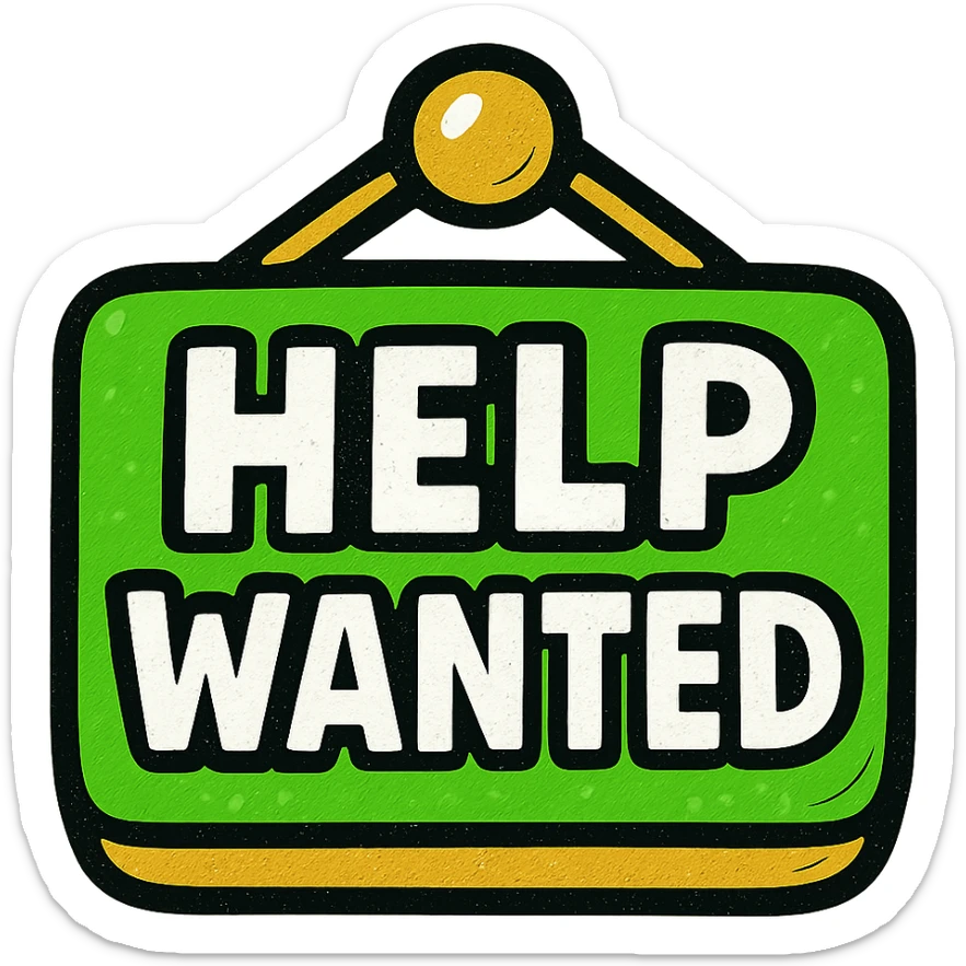 help wanted sign in green, white, and gold color scheme, bold and clear lettering, visually appealing, suitable for digital use sticker