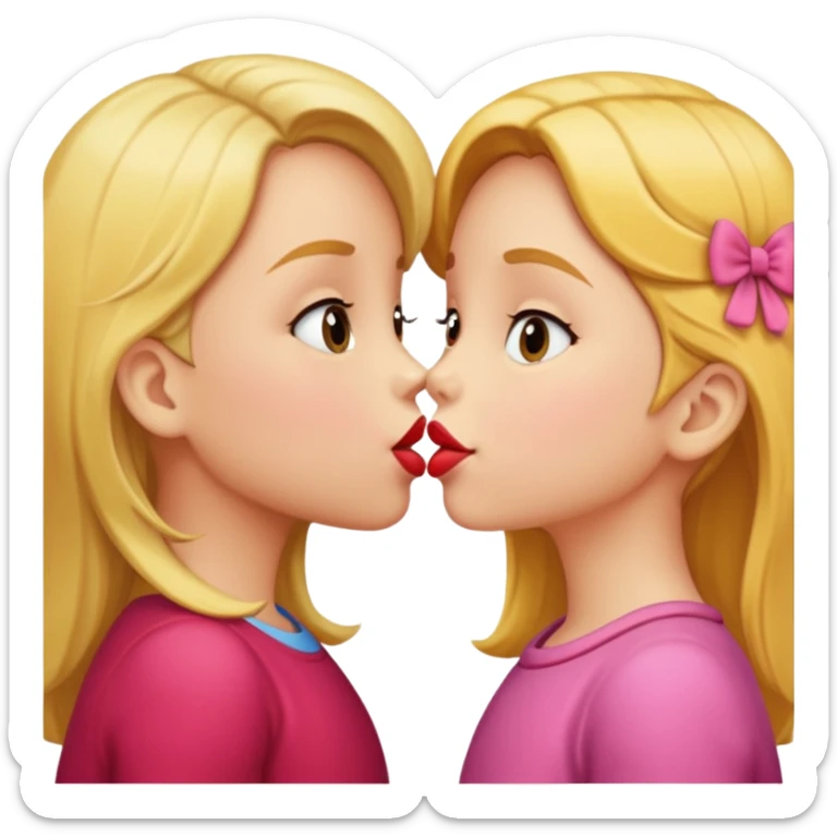 two 5 year old gals about to kiss on the lips, lips extremely close but not touching sticker