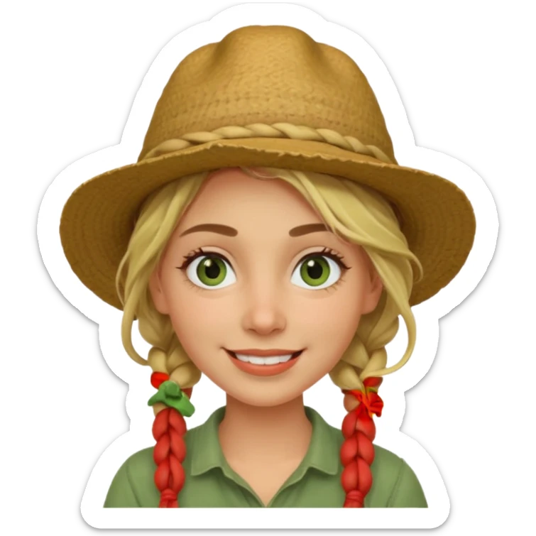 messy green clay mask and red tourist hat blond braided woman big eyes smiling and clay mask sticker