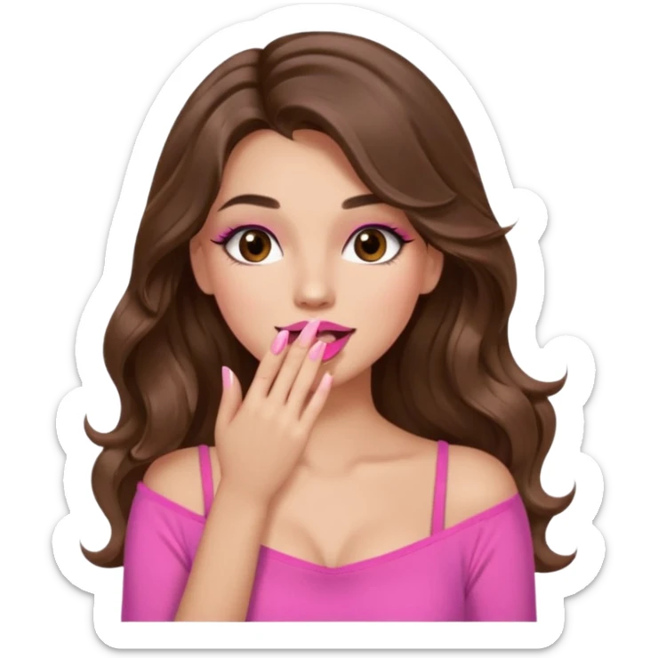 girl with long wavy brown hair, brown eyes, long lashes makeup, sexy pink lips, light to medium complexion, wearing a pink sexy top, sexy, giggling hand covering mouth sticker
