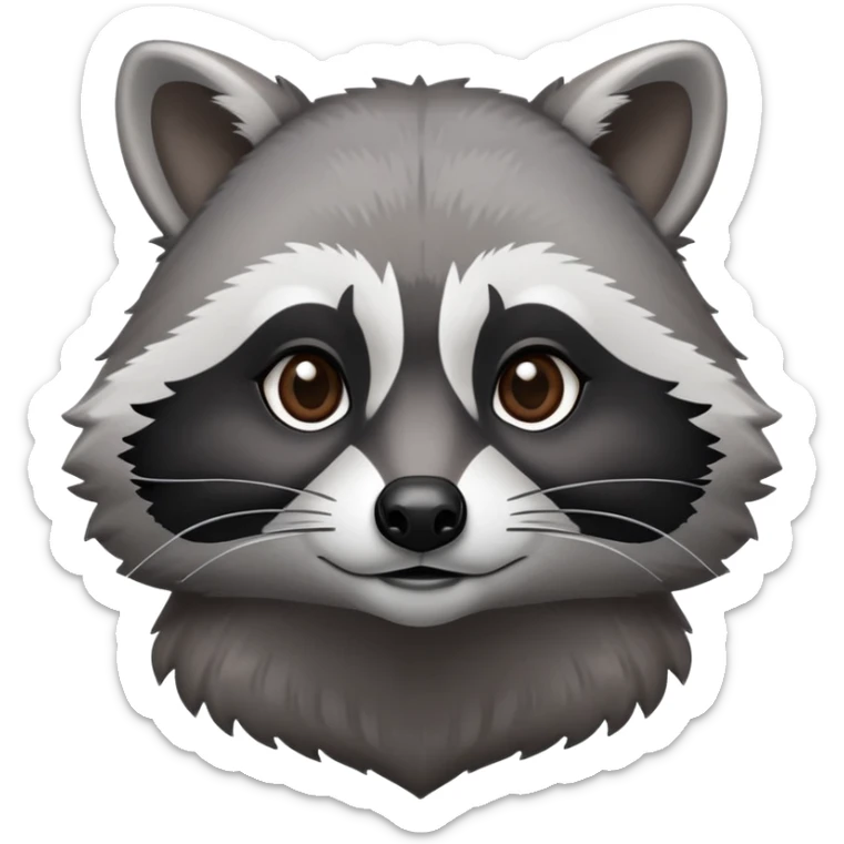 Cinematic-Noble-Raccoon-Portrait-Emoji – Poised and confident, with a sturdy build and a beautifully textured fur of silver-grey accented by dark black facial markings, deep-set, intelligent brown eyes, simplified yet sharp and sophisticated. sticker