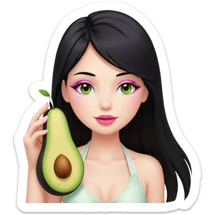 Long black hair with no bangs, straight hair, pretty face. Wearing white halter top. Pink blushed cheeks, long lashes, pin glossy lips. One eyes with wink. One hand with avocado juice.d sticker