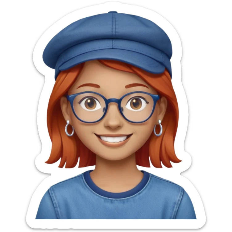 Young person with red hair, glasses, earrings and a wonderful smile, wearing blue clothes, jeans and a cap sticker