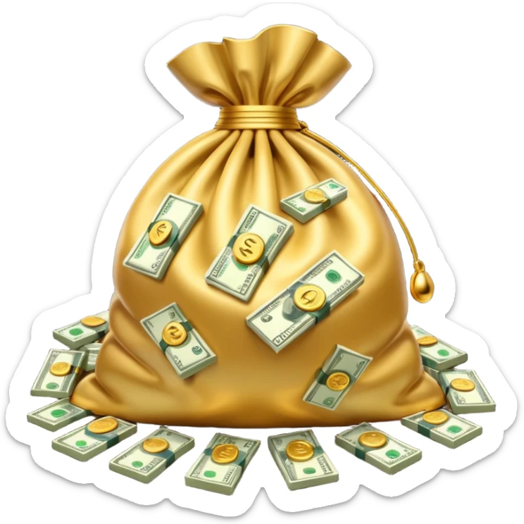 Luxury 3D emoji, overflowing money bag, stacks of cash, premium lighting, rich glossy look, ultra clean, transparent background


 sticker