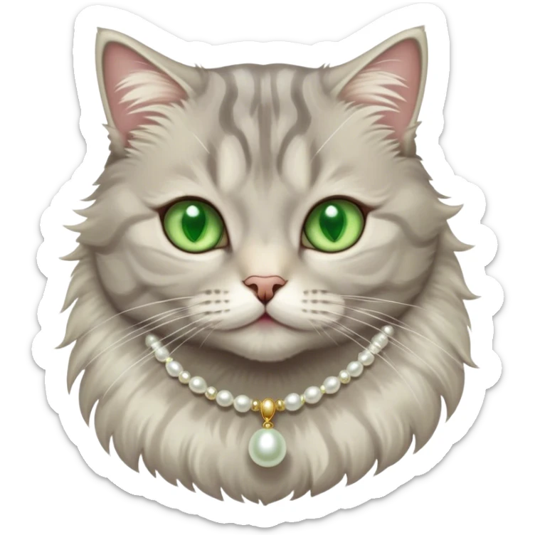fluffy light grey tabby cat with green eyes, white tummy, and a pearl necklace  sticker