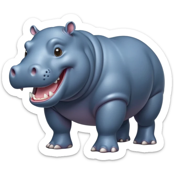 cinematic-hippo-realistic-full-body-side-view-standing-on-all-fours-emoji,-massive-round-frame,-wide-mouthed-grin-exposing-huge-teeth,-head-tilted-dramatically,-thick-greyish blue-hide-glossy, big cute eyes sticker