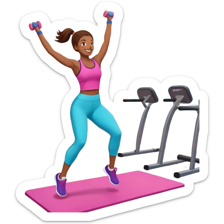 An energetic person performing an aerobics workout in a brightly lit gym, jumping and stretching with enthusiasm. The scene includes vibrant fitness equipment like dumbbells and exercise mats, with a background of cheerful, motivating colors, conveying energy and movement. sticker