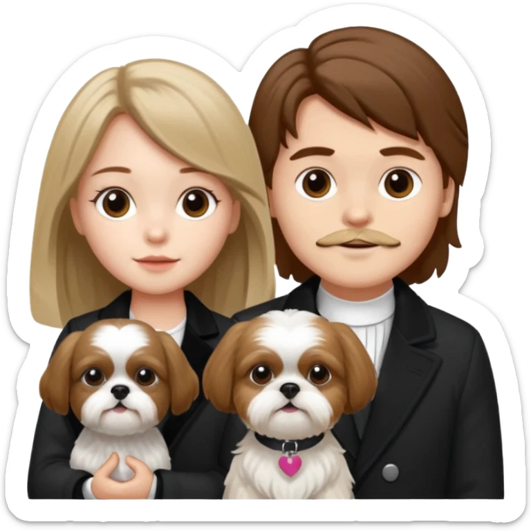 A couple boy with nice brown hair  and beautiful girl with long dark blond hair and with two shih tzu dogs with  black and white coat sticker
