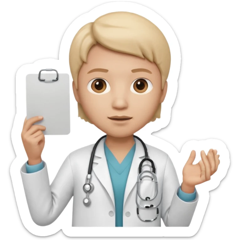 3D memoji doctor holding a small blank white sign in one hand (no text on sign), serious warning facial expression, medical coat, stethoscope, centered composition, PNG, transparent background sticker