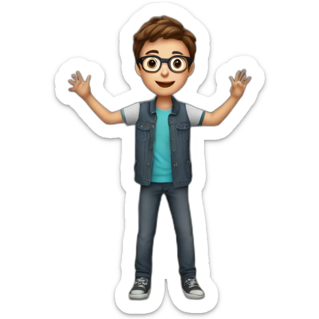 a 12-year-old boy with brown hair and glasses performs on the stage of the theater sticker