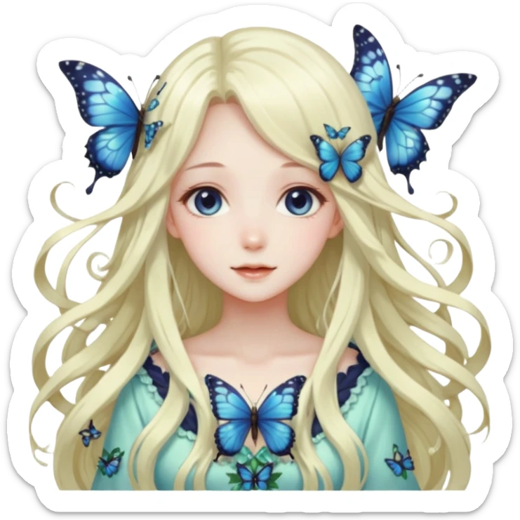 gorgeous shiny anime lady with butterflies and beautiful hair fairycore cottagecore high quality detailed sticker