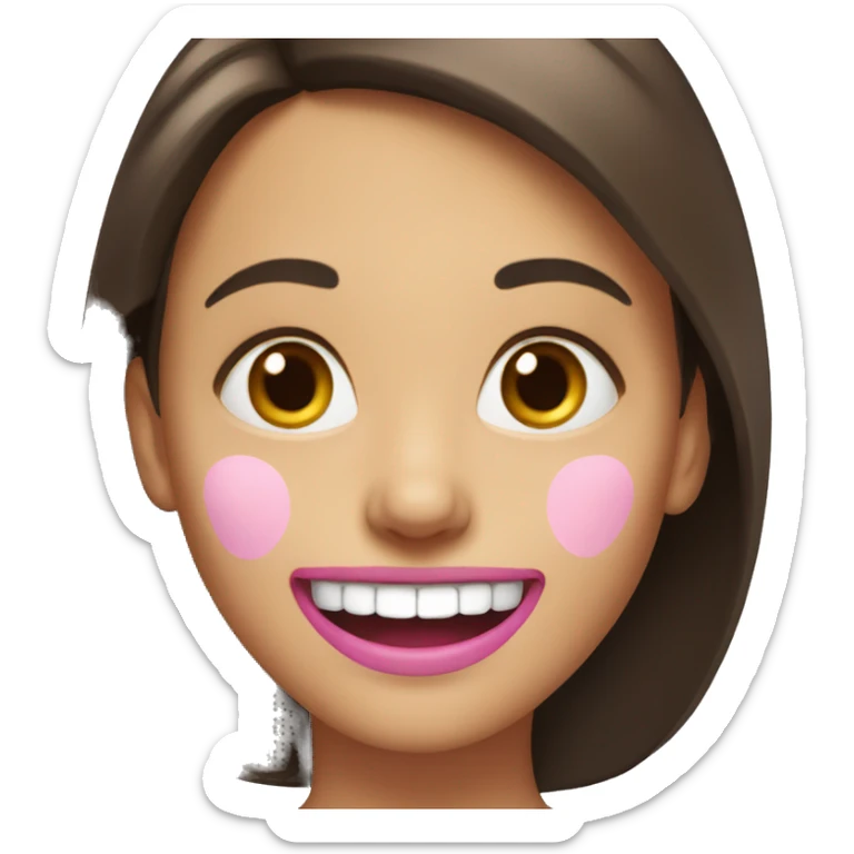 Smiling emoji of a brunette girl, with a pink bone in her mouth halfway down her face sticker