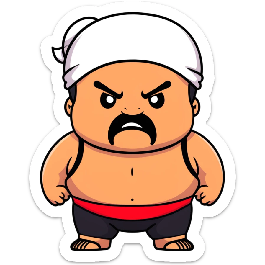 Extreme close-up of face of morbidly obese white skin guy with young face, prominent BLACK DURAG tied clearly on head, black beard but no mustache, clean shaven upper lip, black eyes in a red and black wrestling singlet with angry expression sticker