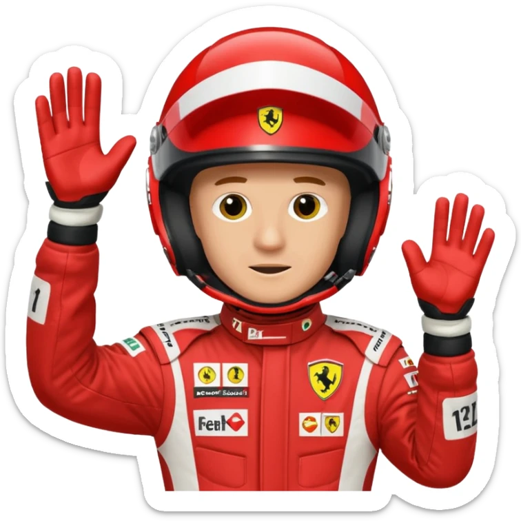 Michael Schumacher in Ferrari F1 2004 suit, waving, holding helmet, red racing suit with white accents, emoji style sticker