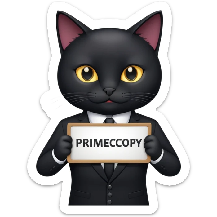 A black cat in a black business suit holds a sign that says "PrimeCopy" sticker