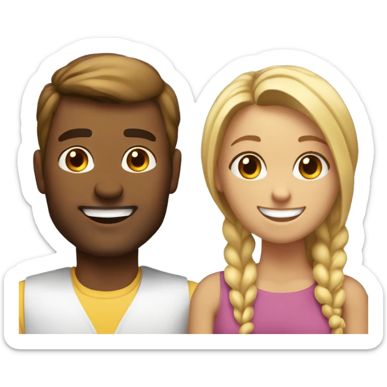 Woman and man smiling, woman has straight Brown hair in a ponytail, slightly sunkissed skin, man has blonde long hair which are in a ponytail, slightly sunkissed skin sticker