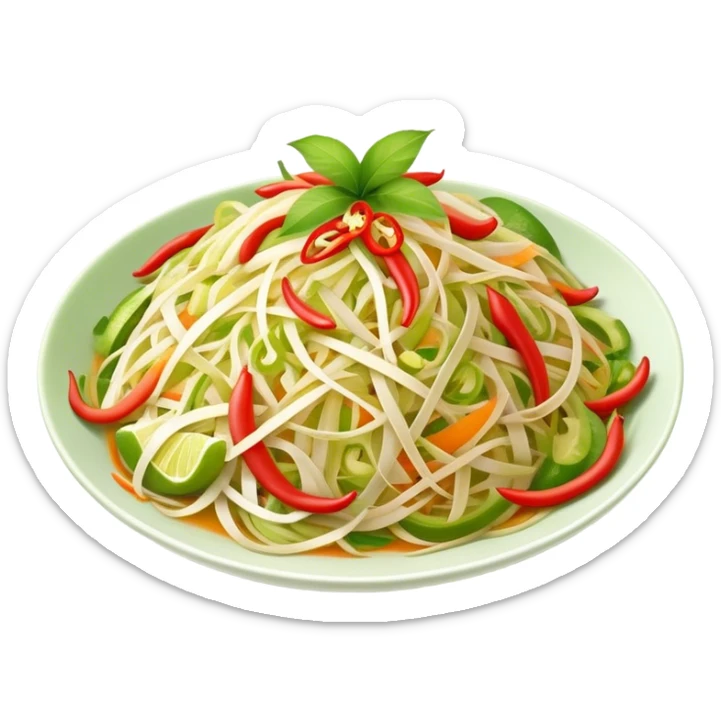 Cinematic Realistic Som Tam (Papaya Salad) Dish Emoji, featuring a spicy, tangy salad of shredded green papaya with chili and lime rendered with crisp textures and bright, lively lighting. sticker