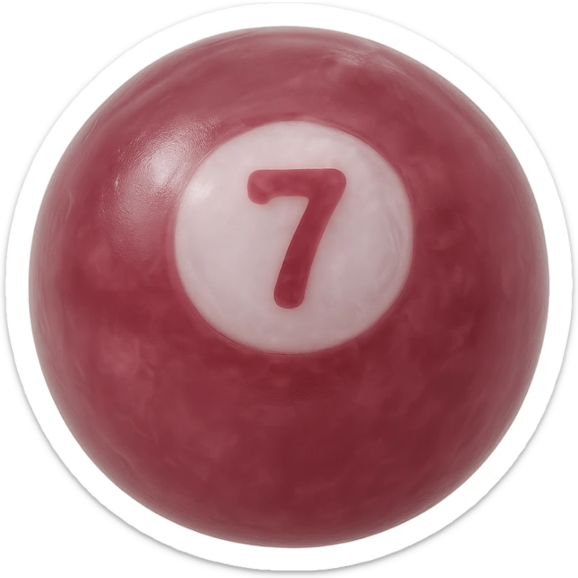 pool billiards 7-ball, retro 90's toy style, very transparent, slightly see-through, maroon with white circle and number 7, soft plastic texture, soft reflections, soft and squishy, some cloudiness, not shiny, highly detailed, appealing, no tag, no background sticker