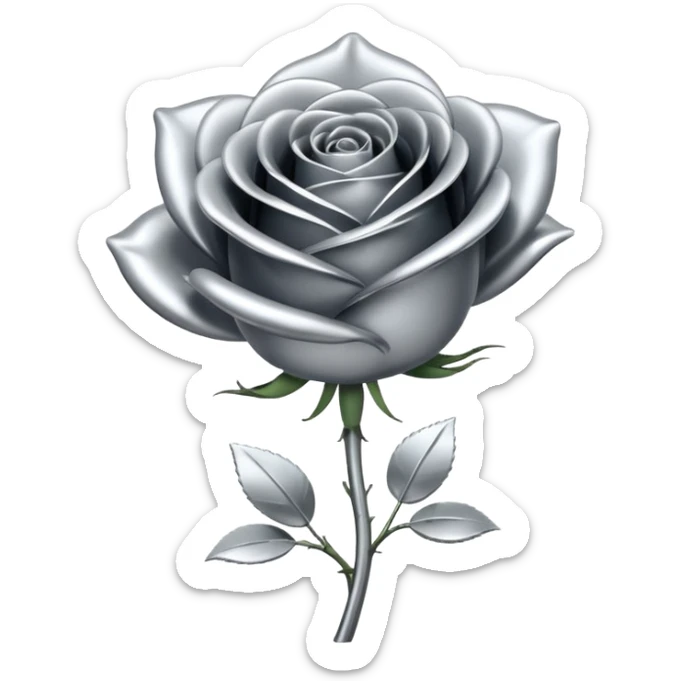 A rose emoji made of liquid silver metal, smooth metallic petals, reflective chrome surface, soft gradients, elegant shape, minimalistic iOS emoji style, centered, clean white background, realistic highlights, no text sticker