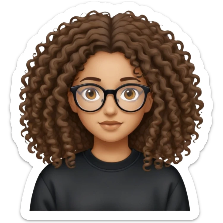 Mixed girl /curly long hair brown / with brown eyes glasses black sweat shirt middle part attached hair sticker