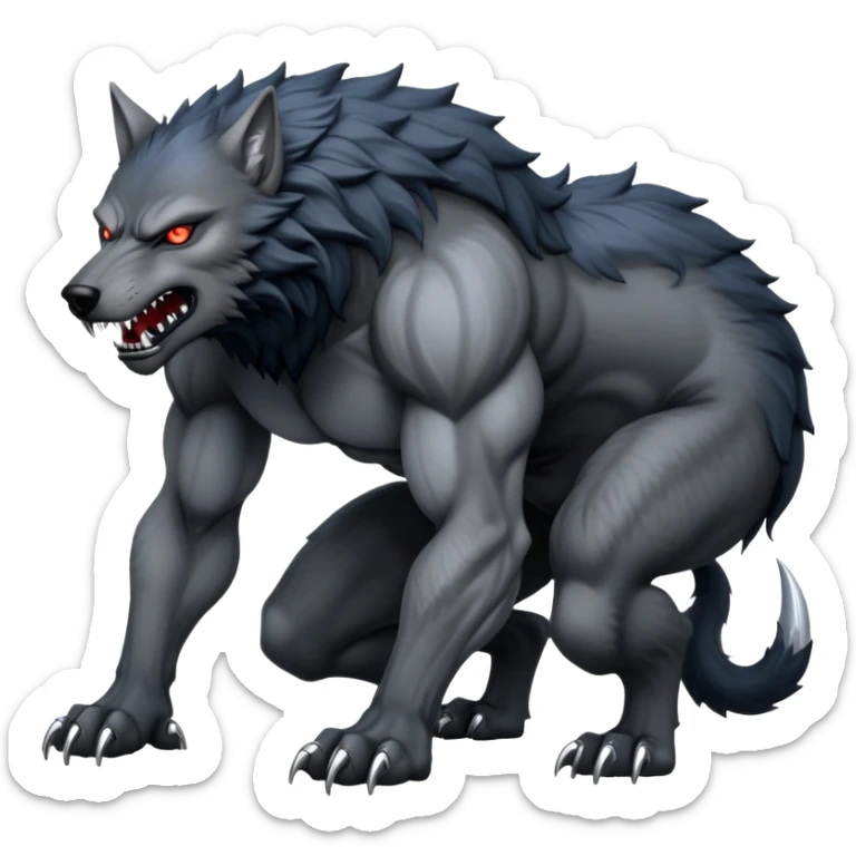 cinematic-noble-fierce-werewolf-full body on all fours-emoji, poised-and-imposing, with a tall, lean, and muscular wolfish frame inspired by the brutal, imposing shape of the beast from Berserk, fur rippling in shades of midnight black and silver, massive paws with razor-sharp claws, elongated limbs and fangs, eyes glowing with an intense, primal ferocity, reflecting the untamed power of the wild moonlit night; rendered with realism like a wolf hunched over battle ready pose ready to attack sticker