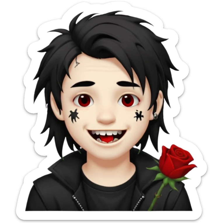 Laughing pale Goth boy with a bunch of face piercings, with shaggy dark brown hair, and messy black eyeliner , smudged, red, lipstick , with a tan gamer boy with long black hair  sticker