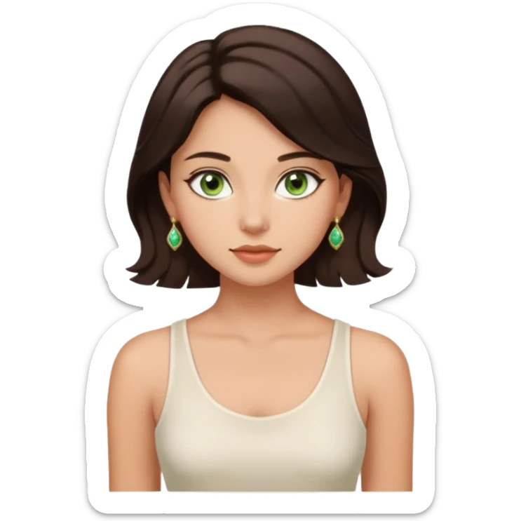 Cor da pele, moreninha, pele em tom claro, olhos verdes, rosto arredondado mas não tanto, cabelo liso ondulado levemente castanho escuro, sem franja com um vestido branco de regata bonito, clavículas marcardinhas, elegante fofa, brinco delicado e maquiagem leve, fundo de tons pastéis  sticker