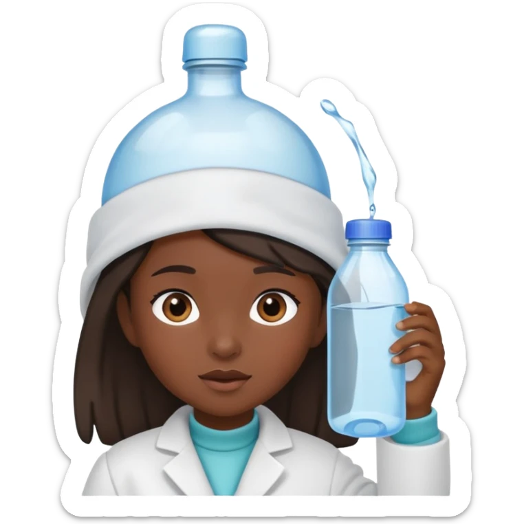 a young girl with dark skin, dressed a bit like a doctor, with a water bottle on her head sticker