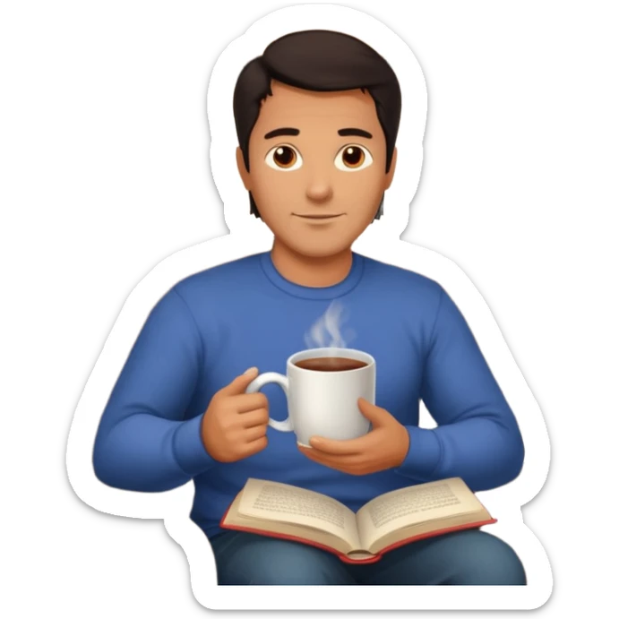 Handsome 45 year old man with dark hair sitting by a fireplace with a hot drink and a book. sticker