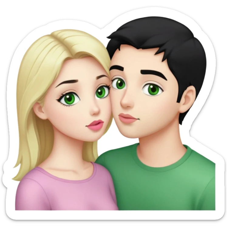A blonde girl with fair skin and green eyes and light pink lips and a guy with black hair and fair skin and green eyes are kissing sticker