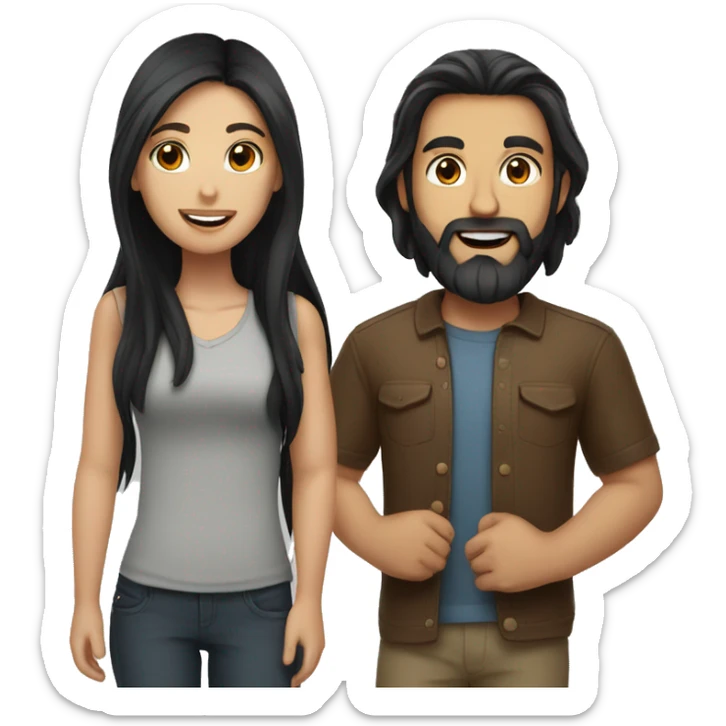 A girl with long black hair and a man with brown hair and beard sticker