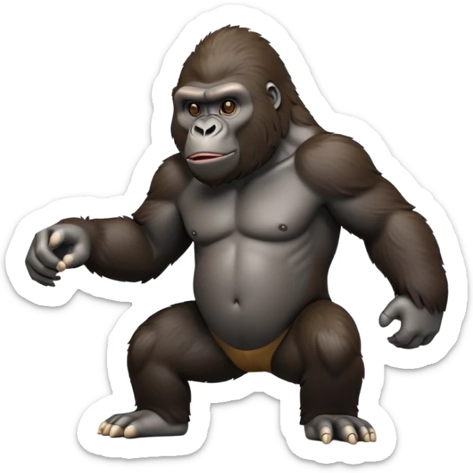 cinematic-gorilla-realistic-full-body-on-all-fours-emoji,-exuding-strength,-thick-dark-fur-in-the-light,-head-tilted-dramatically,-deep-friendly-eyes-filled-with-intense-intelligence,-simplified-yet-realistic-focused-features,-highly-detailed, zoomed out friendly  sticker