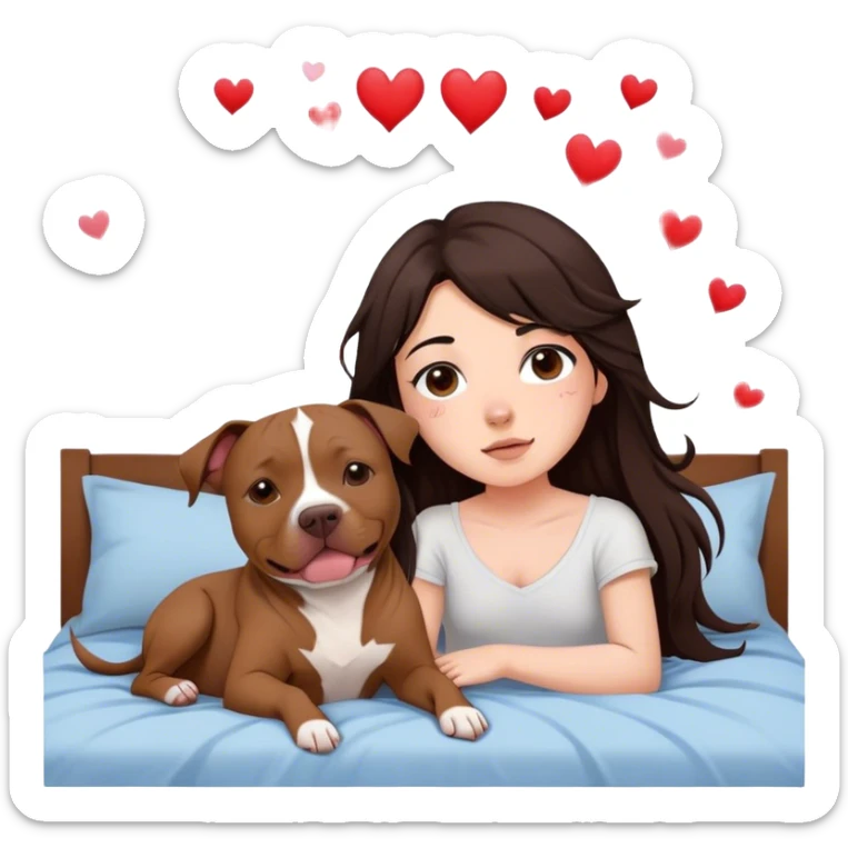 A pretty girl with long dark hair layered  in messy pieces cascading down her face sits on the bed with her brown pit bull  laying beside of her heart is flying all around sticker