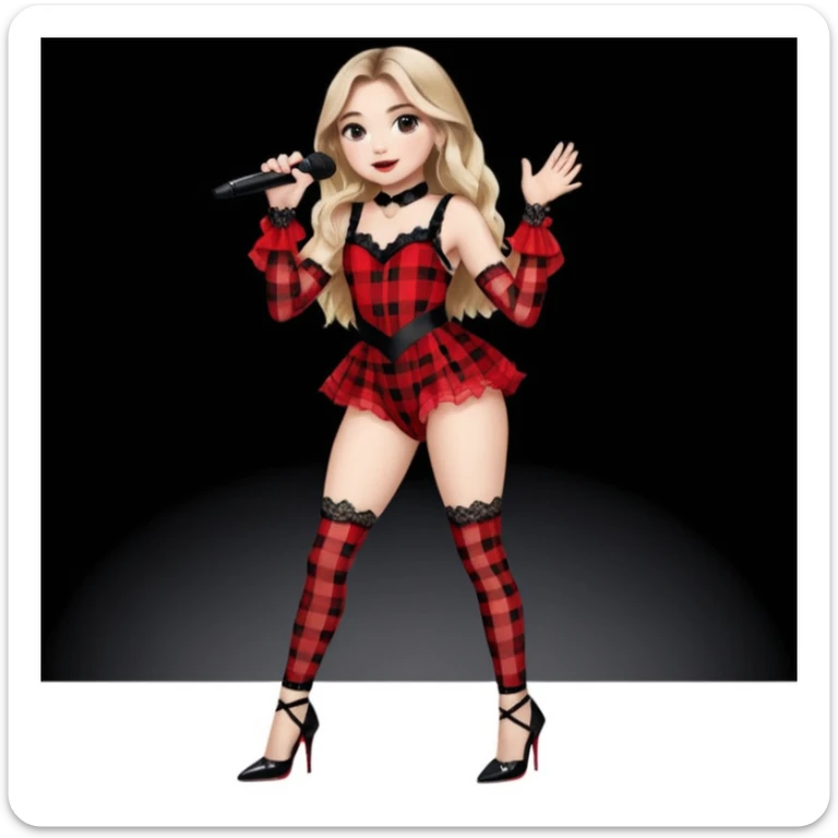 Sabrina carpenter singing at concert wearing a black and red plaid bodysuit a red sheer top covering the bodysuit, a strip of black lace around her leg, black sparkle heels. there is a  huge crowd and light pink stage setting  sticker
