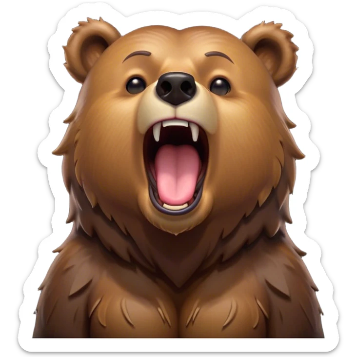 Cinematic Cute Yawning Grizzly Bear Portrait Emoji, Head tilted slightly with a dramatic, wide-open yawn, showcasing a thick, rugged deep brown fur with drooping ears, round eyes barely open in drowsy contentment, Simplified yet irresistibly adorable features, highly detailed, glowing with a soft, cozy glow, high shine, relaxed yet expressive, stylized with a touch of wild whimsy, bright and endearing, soft glowing outline, capturing the essence of a sleepy yet affectionate grizzly, so drowsy it feels like it could stretch out of the screen and curl up for a nap! sticker