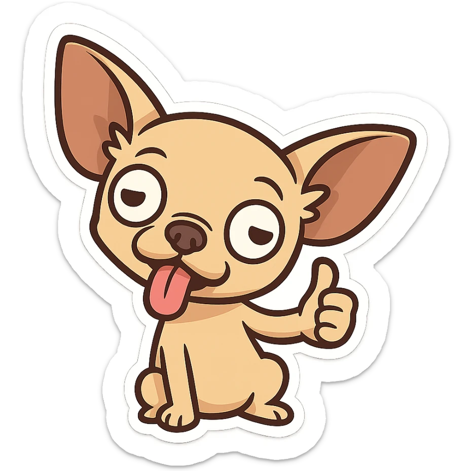 Cat emoticon pack, a demented Chihuahua, tilting its head, sticking out its tongue, and giving a thumbs up, looking unintelligent and with an ambiguous expression sticker