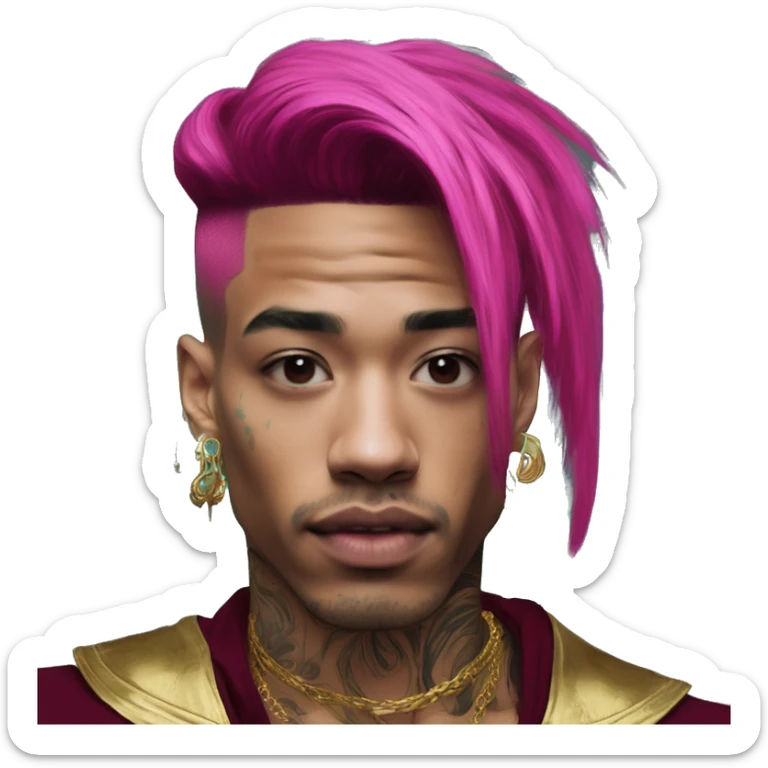 Vintage patina intricate swirls gold jewellery baroque raven wings angel tropical Deep pink maroon burgundy cyan dark hoodie man vitiligo dyed hair gold piercings nose piercing ear piercings sticker