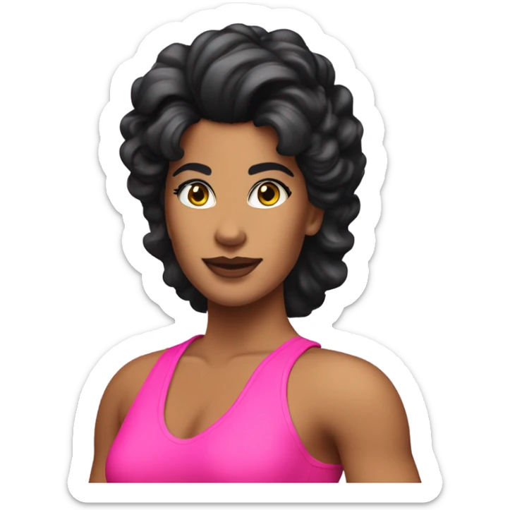 Tanned woman with black hair dressed in 1980s fitness hair, makeup, and neon attire  sticker