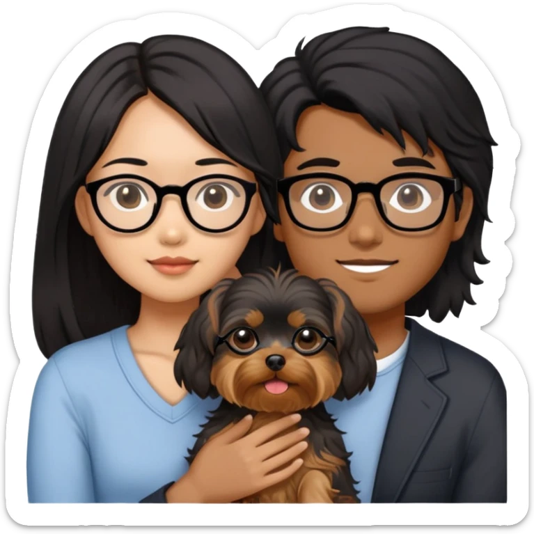 A couple holding a small Yorkshire Terrier together. The girl is Asian with long, luscious wavy black hair (loose, no hair tie). She is next to her boyfriend, a brown-skinned man wearing glasses with a korean haircut sticker