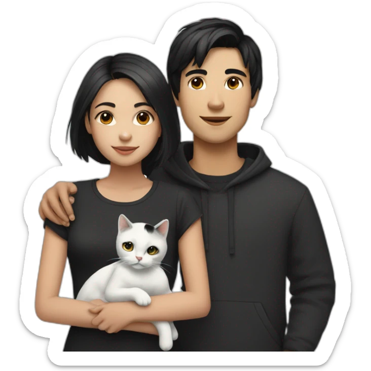 girl and boy with black hair and black and white cat sticker