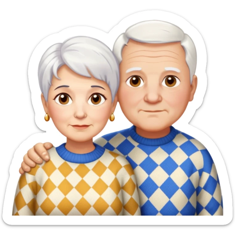 Una abuela italiana blanca de ojos marrones con cabello corto blanco y aretes de oro, junto a su esposo de ojos azules, abuelo de piel blanca italiano, el abuelo vestido de un suéter de cuadros, un poco gordo con pelo blanco corto calvo, sin nada de bigote  sticker