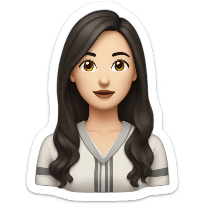 White women with long dark brown hair and long eyelashes dark brown eyes and thick dark brown eyebrows with the black dog with a white stripe on the neck and ears raised up sticker