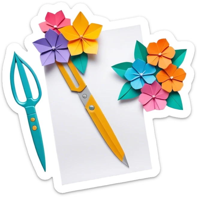Paper crafting icon, colorful paper sheets, origami figures, 3D paper flowers, scissors and craft knife, minimalistic style, clean lines, transparent background. sticker