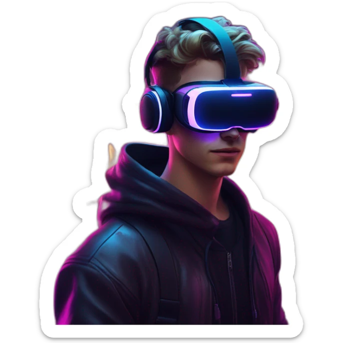 Russian young man wearing a black hoodie with "OMG" letters on it and VR headset in a cyberpunk VR environment with violet neon lighting. sticker