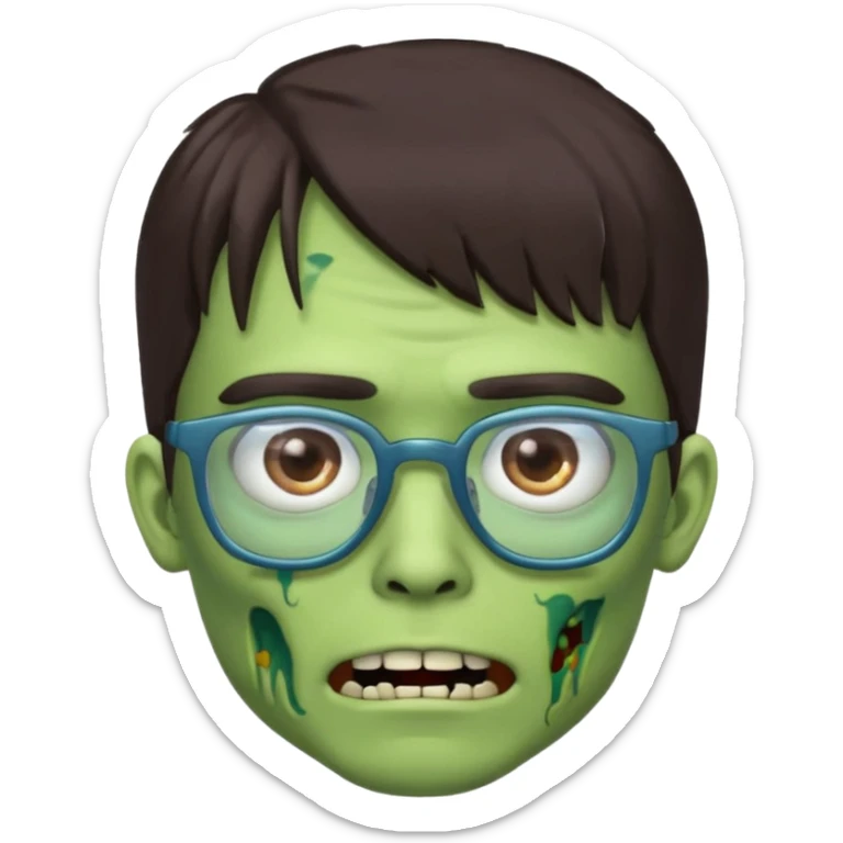 an emoji of a male green zombie with dark brown hair and female bangs that cover your entire forehead and extend to your eyebrows, wearing square, bluish glasses. sticker