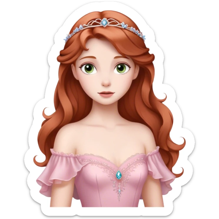 Cinematic Elegant Sleeping Beauty Portrait Emoji, rendered in a realistic, vector-style with minimal shading and bold, simplified shapes. Depict Aurora (Sleeping Beauty) (chest and above) with delicate porcelain skin, soft auburn hair styled gracefully, and gentle, dreamy eyes, dressed in her classic pink gown. The image glows with a soft, enchanting radiance and high shine, capturing timeless regal beauty. sticker