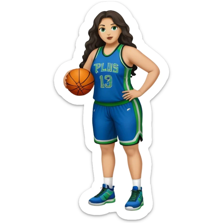 Full Body light skin Latino plus size full figured women basketball player with long wavy dark hair  wearing blue and green uniform sticker